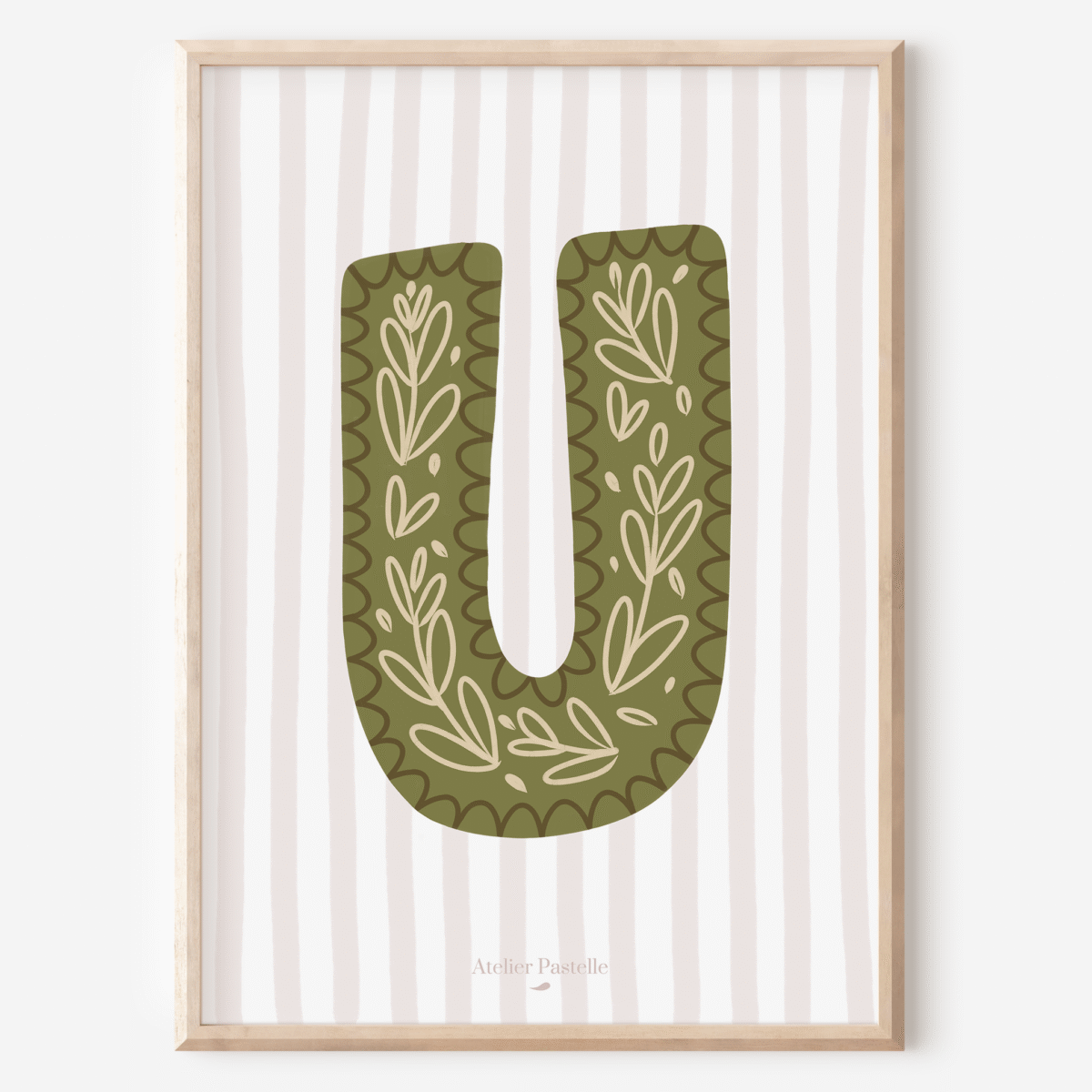 Affiche lettre U motif brindilles vert - collection Les Petites Initiales