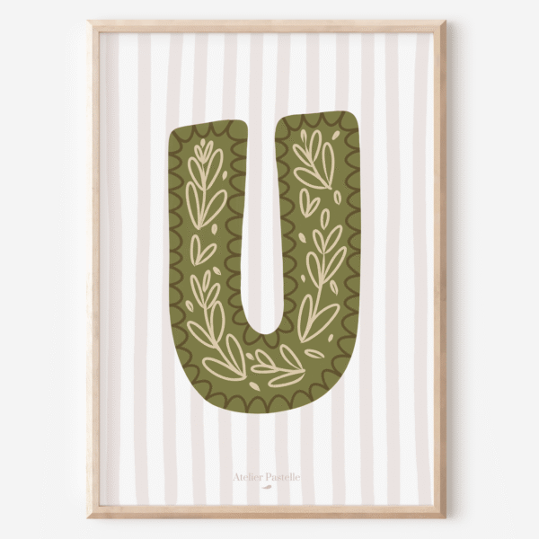 Affiche lettre U motif brindilles vert - collection Les Petites Initiales