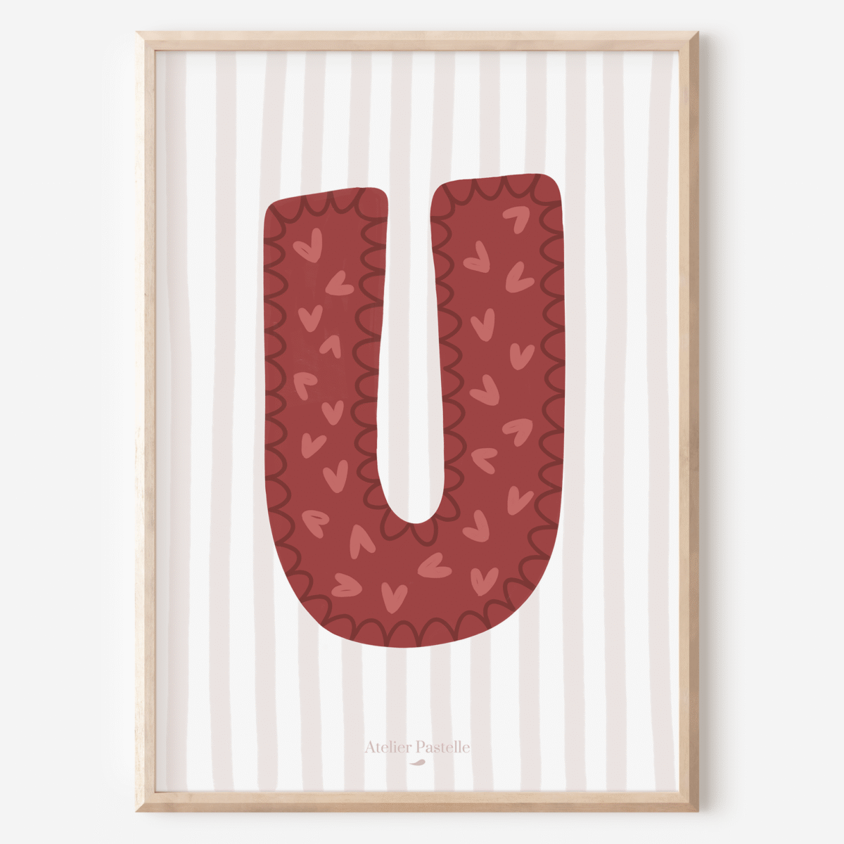 Affiche lettre U motif coeurs bordeaux - collection Les Petites Initiales