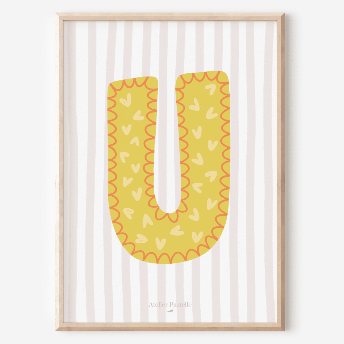 Affiche lettre U motif coeurs jaune - collection Les Petites Initiales