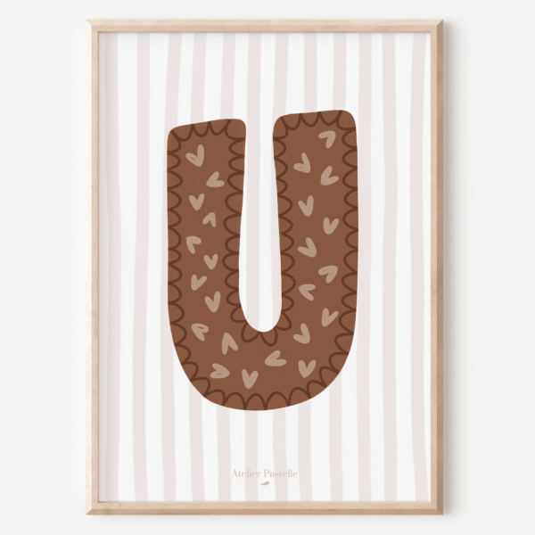 Affiche lettre U motif coeurs marron - collection Les Petites Initiales