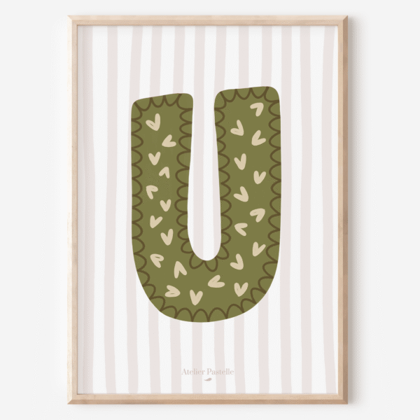 Affiche lettre U motif coeurs vert - collection Les Petites Initiales