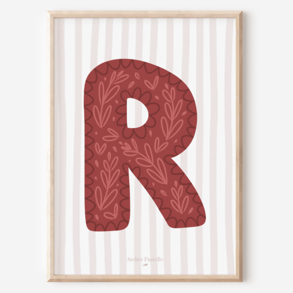 Affiche lettre R motif brindilles bordeaux - collection Les Petites Initiales