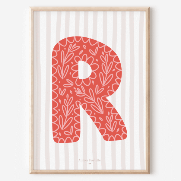 Affiche lettre R motif brindilles rouge - collection Les Petites Initiales