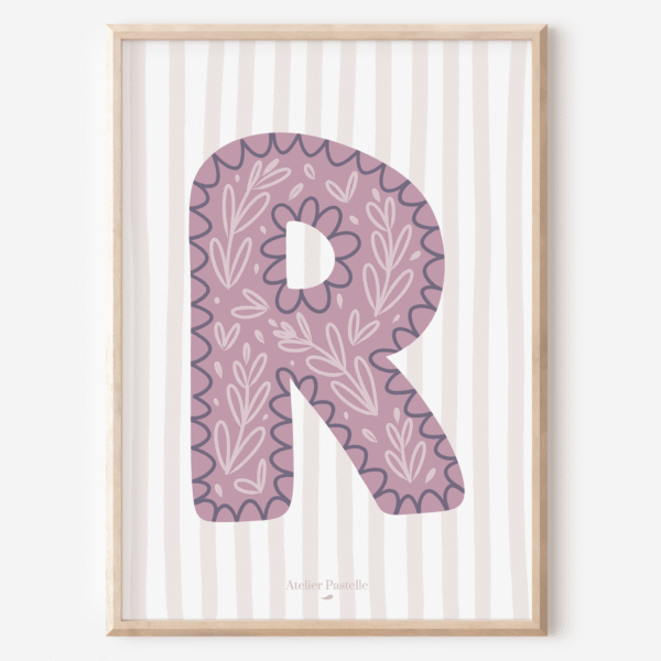 Affiche lettre R motif brindilles violet - collection Les Petites Initiales