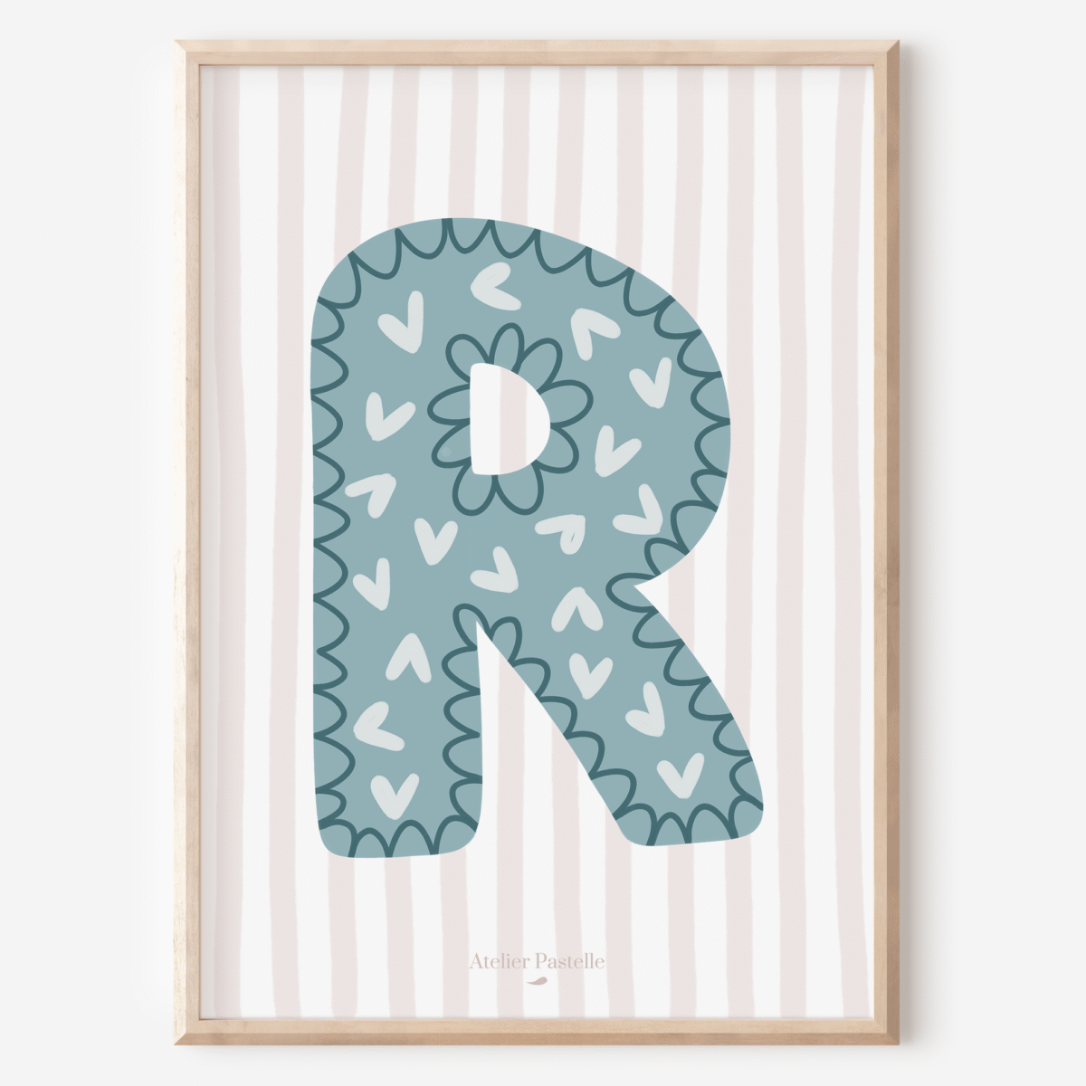 Affiche lettre R motif coeurs bleu clair - collection Les Petites Initiales