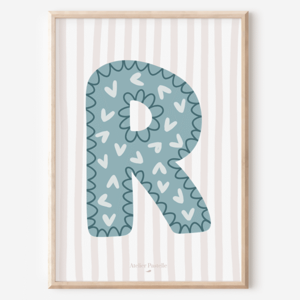 Affiche lettre R motif coeurs bleu clair - collection Les Petites Initiales