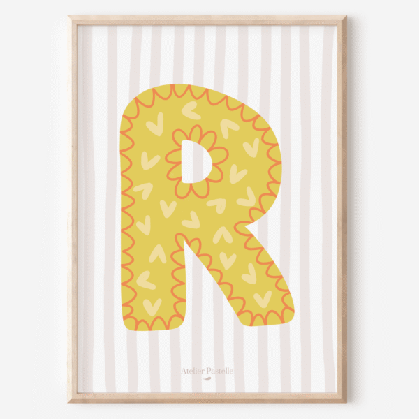 Affiche lettre R motif coeurs jaune - collection Les Petites Initiales