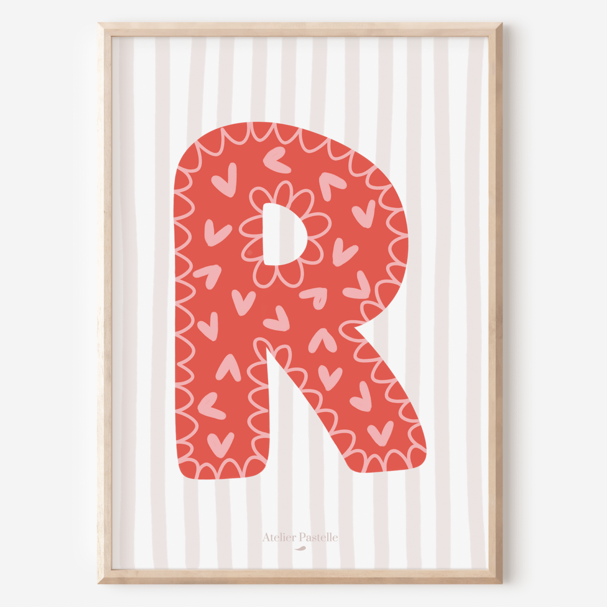 Affiche lettre R motif coeurs rouge - collection Les Petites Initiales