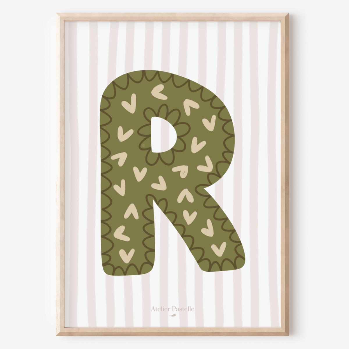 Affiche lettre R motif coeurs vert - collection Les Petites Initiales