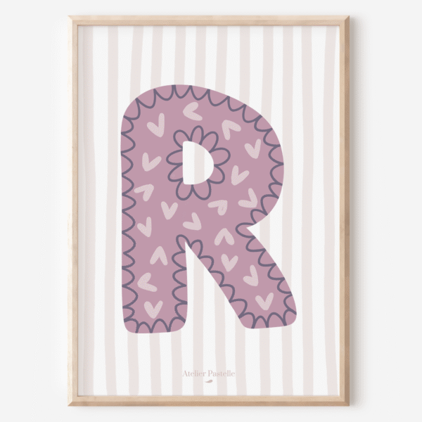 Affiche lettre R motif coeurs violet - collection Les Petites Initiales
