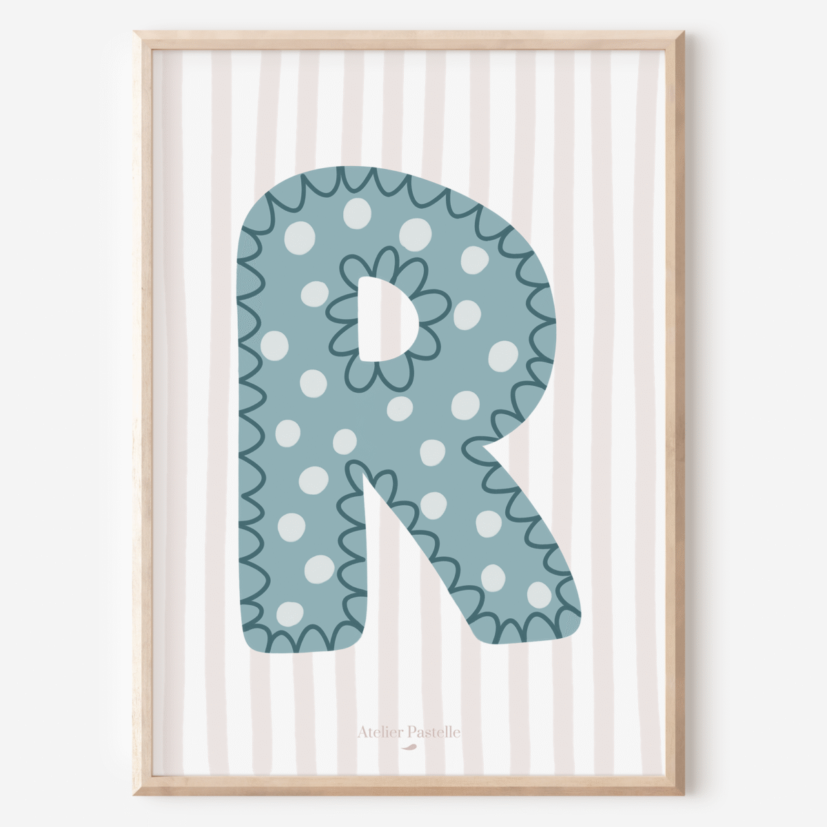 Affiche lettre R motif pois bleu clair - collection Les Petites Initiales