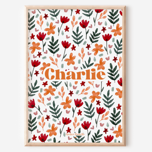 Affiche prénom personnalisable fleurie peinte à l'aquarelle