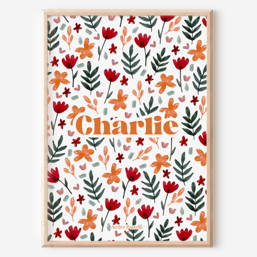 Affiche prénom personnalisable fleurie peinte à l'aquarelle